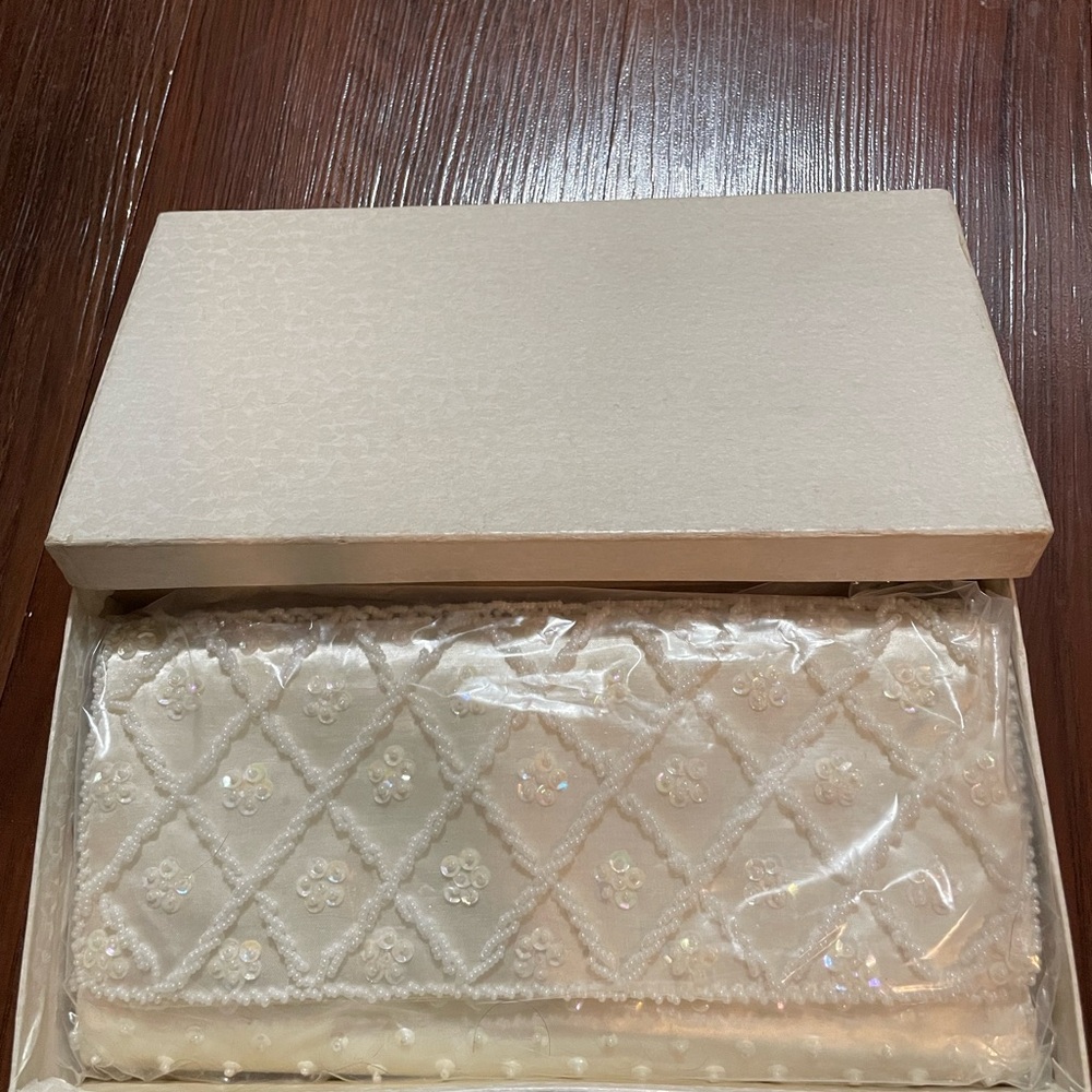 Vintage Ivory White Satin Clutch with Beads and Sequins.
